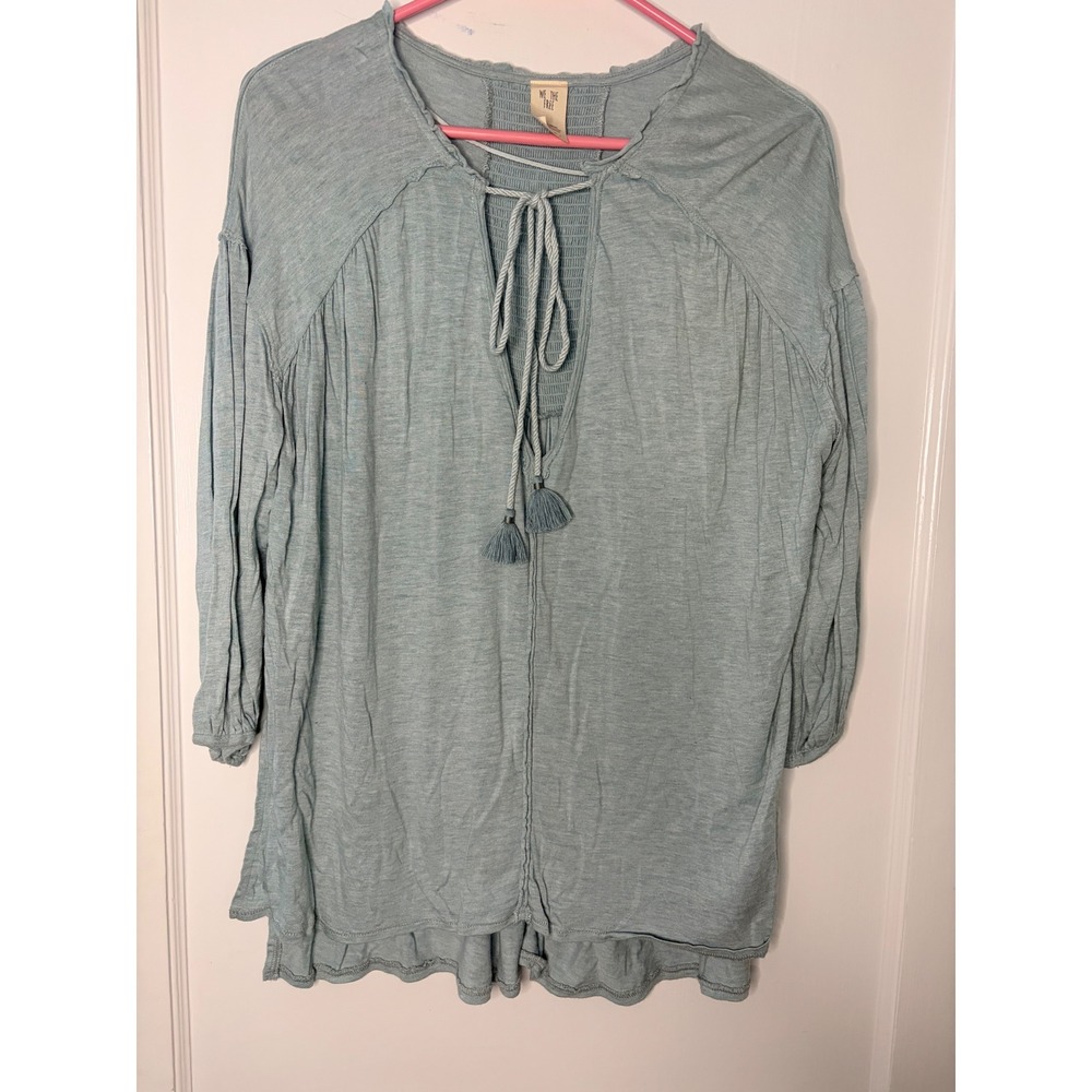 Free People Light Blue loose Gauze Tie Neck Tunic Top XS boho feminine peasant